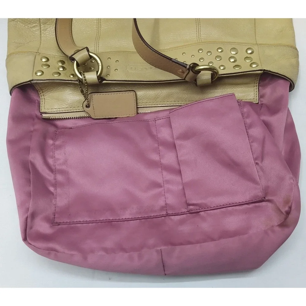 Coach Tan Leather Studded Double Handle Zipper Closure Tote Shoulder Bag